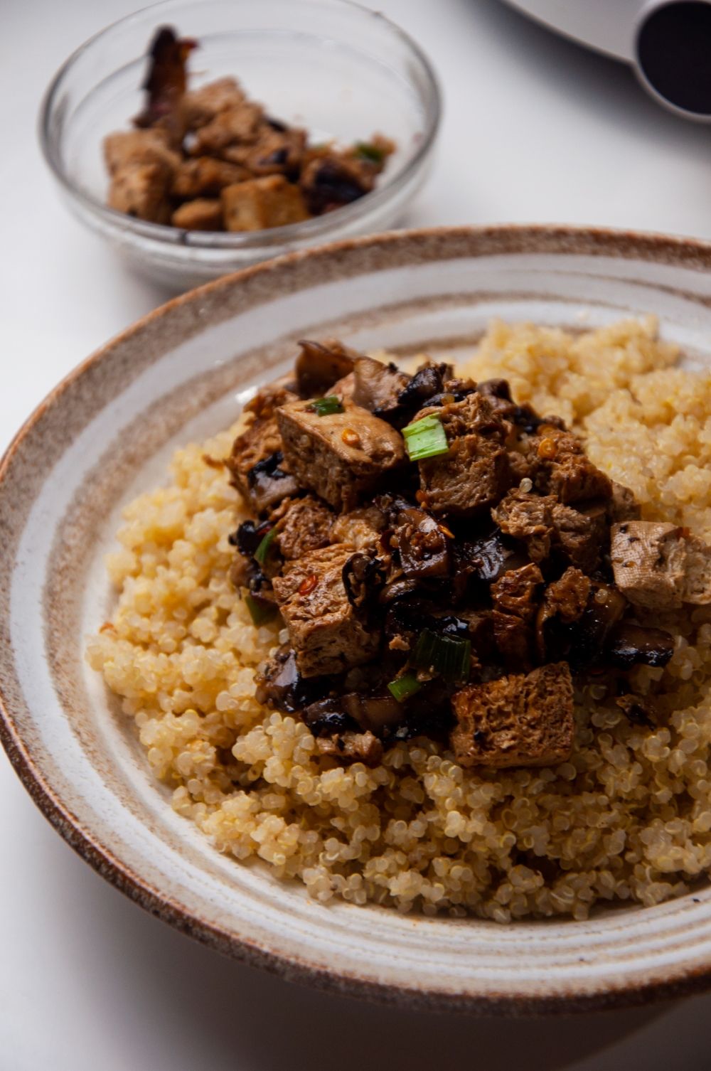 Putting a bed of quinoa with sautéed tofu and mushrooms.
