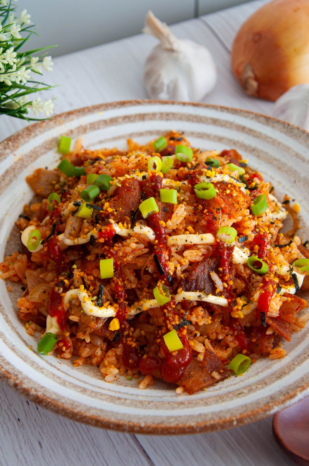Kimchi Fried Rice with Pork Plating