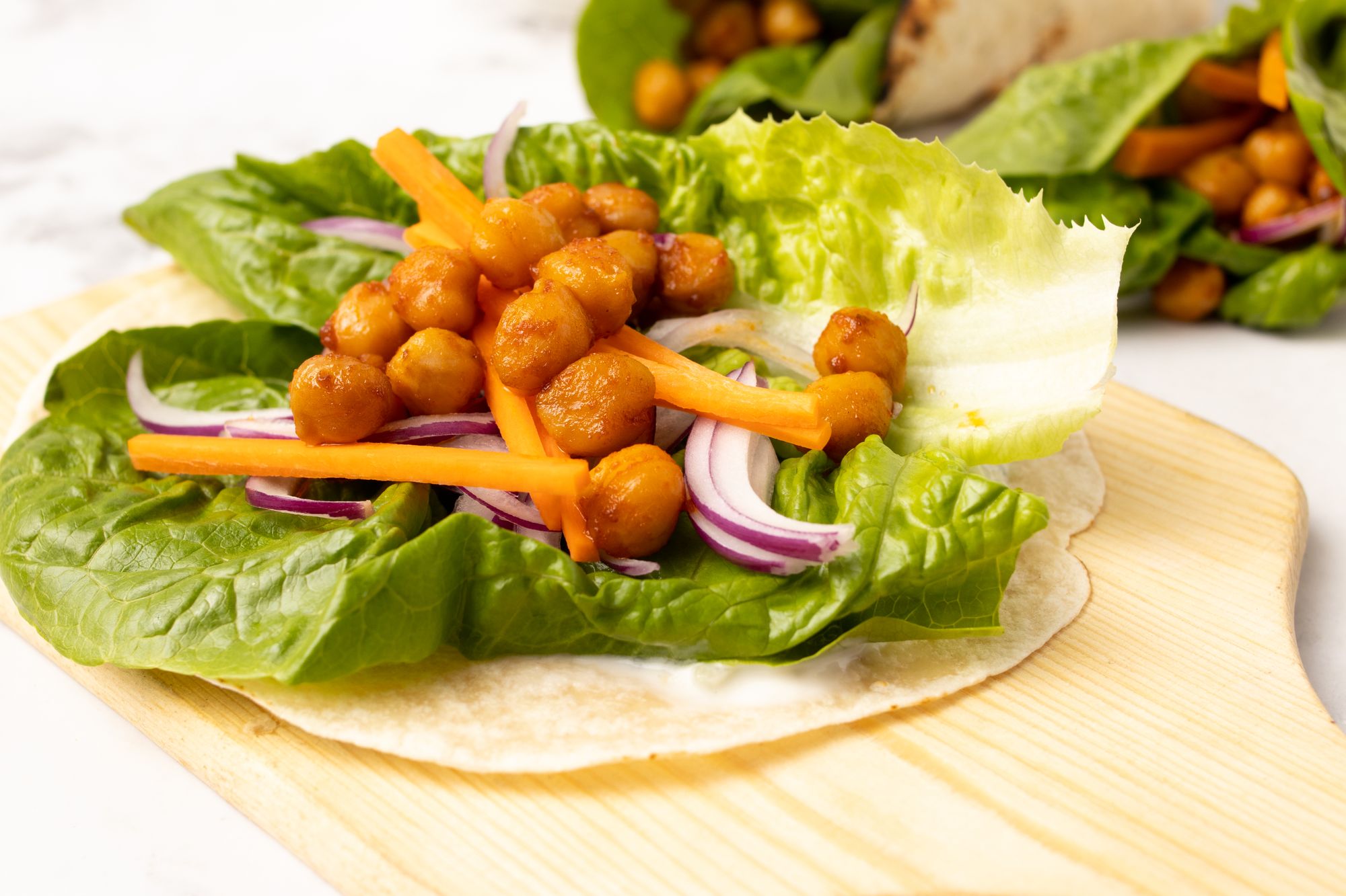 Close-up view of Buffalo Chickpea Wrap